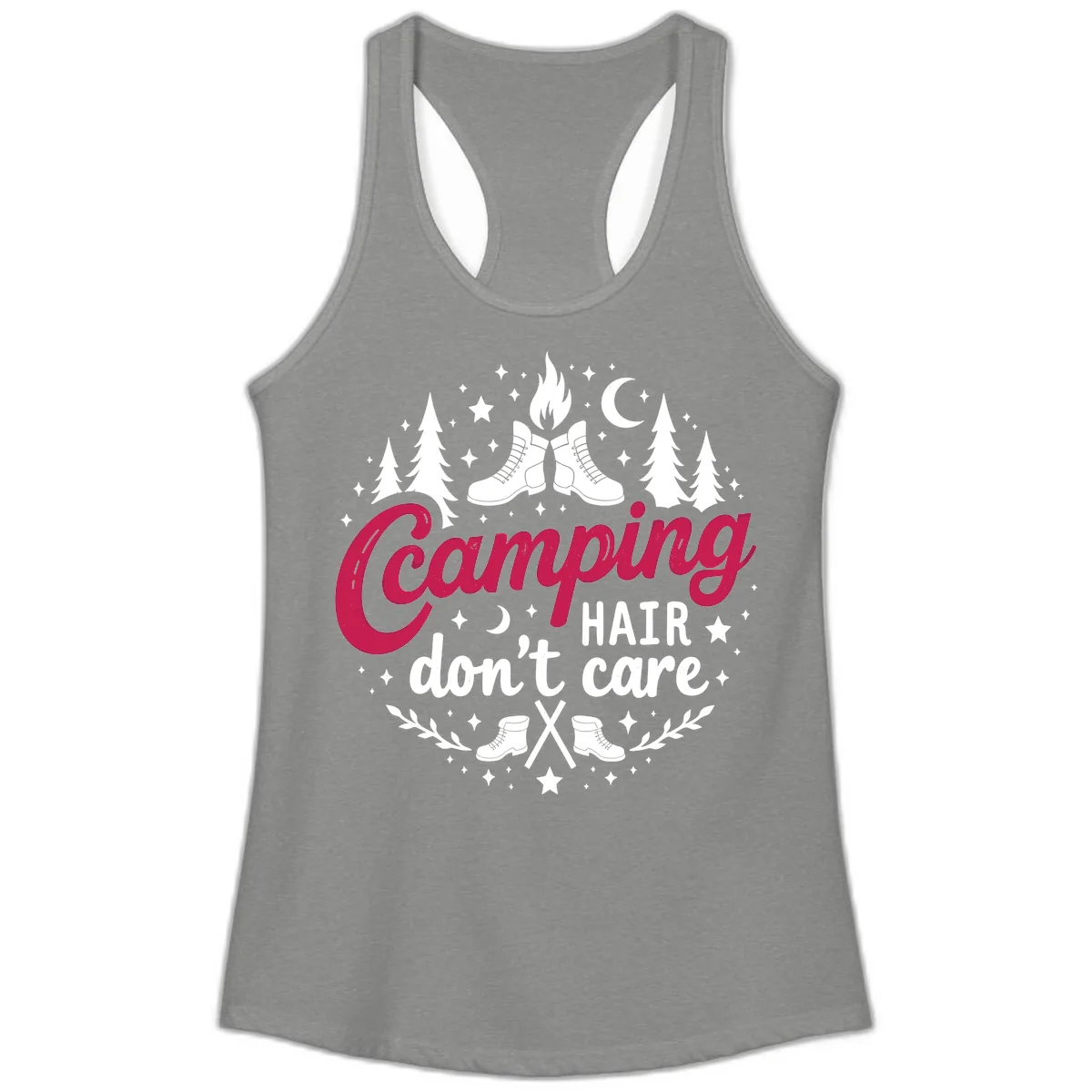 Camping Hair Don't Care Ladies Tank in Heather Grey