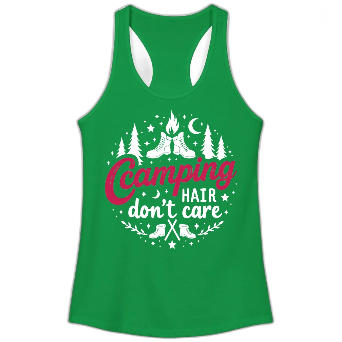 Camping Hair Don't Care Ladies Tank in Solid Kelly Green