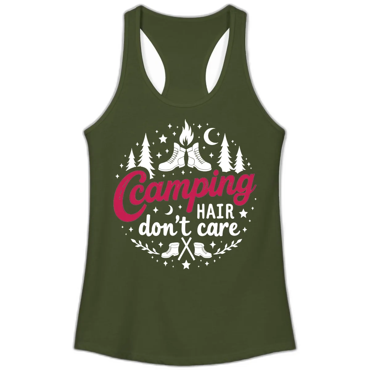 Camping Hair Don't Care Ladies Tank in Solid Military Green