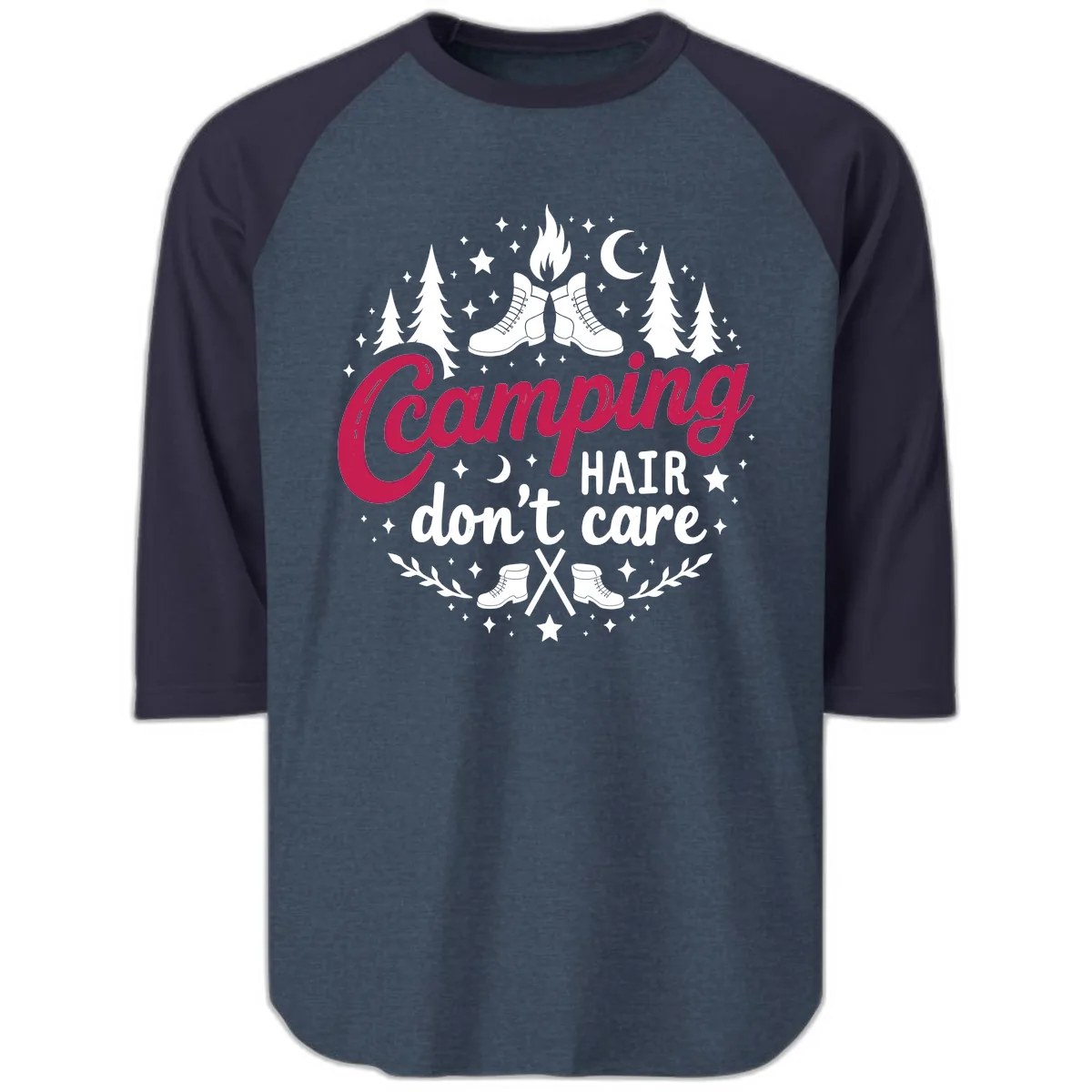 Camping Hair Don't Care Raglan 3/4 in Heather Denim Navy