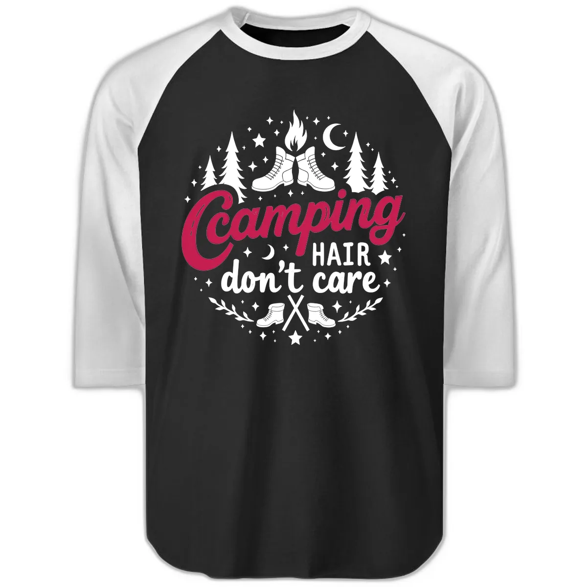 Camping Hair Don't Care Raglan 3/4 in Black White