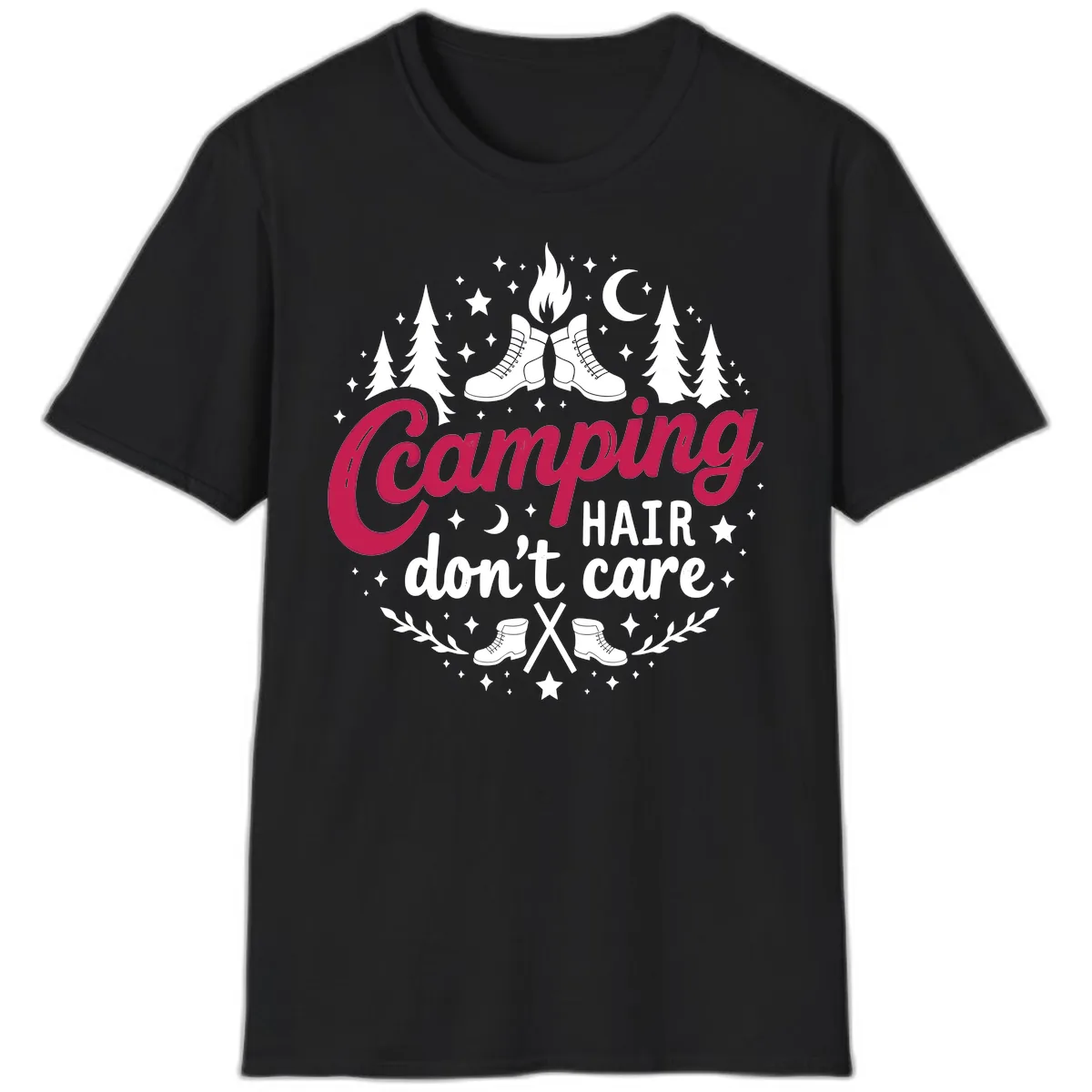 Camping Hair Don't Care T-Shirt in Black