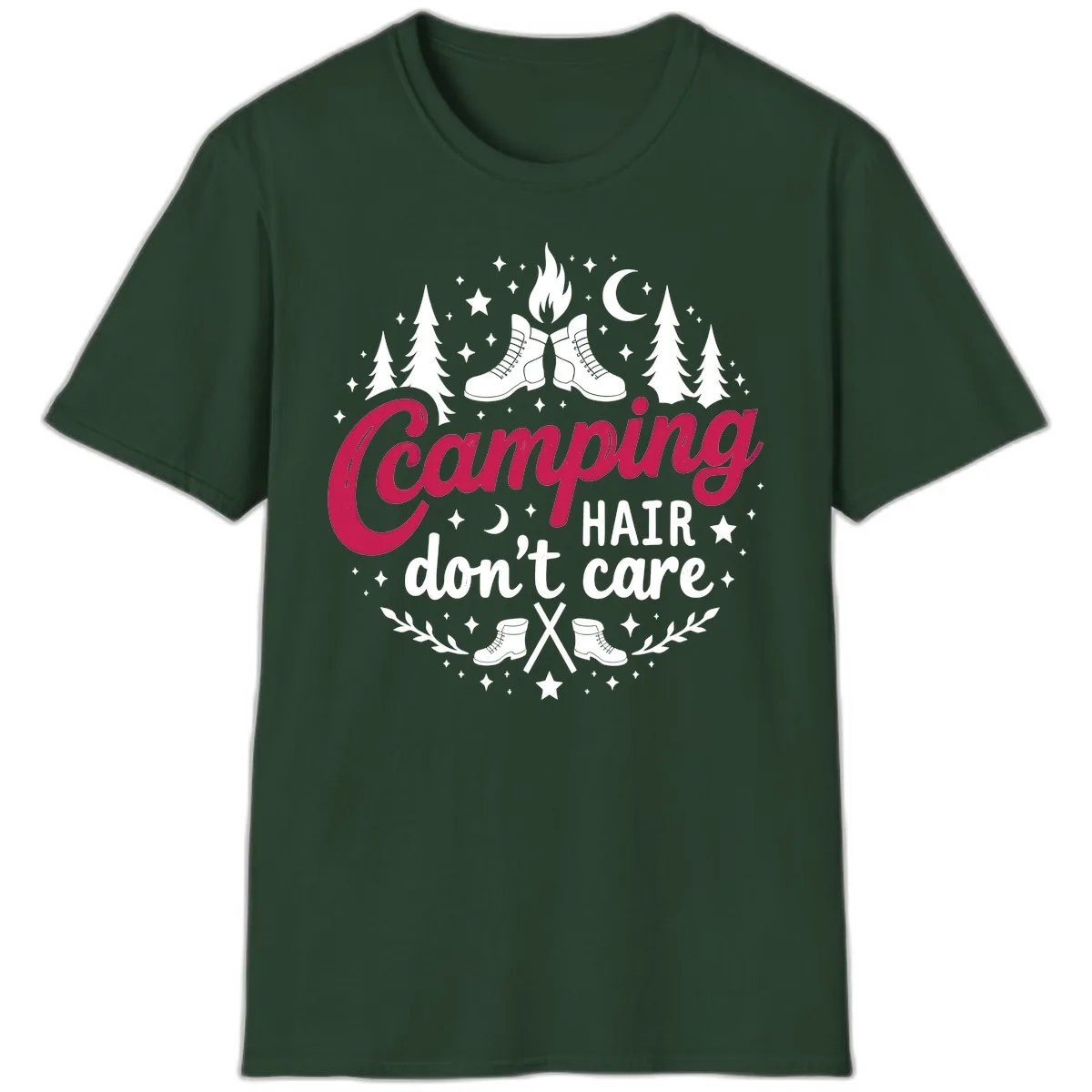 Camping Hair Don't Care T-Shirt in Forest Green