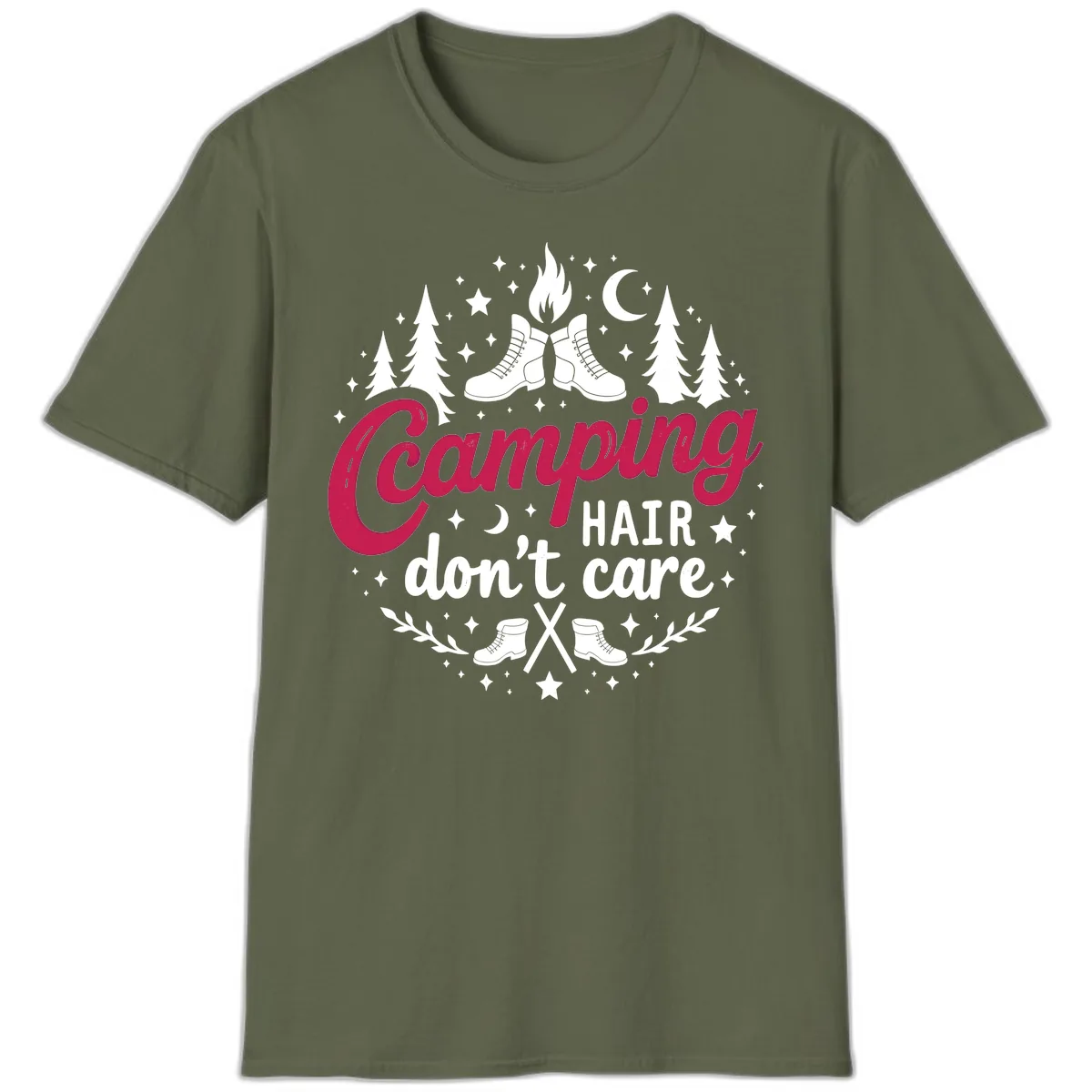 Camping Hair Don't Care T-Shirt in Military Green