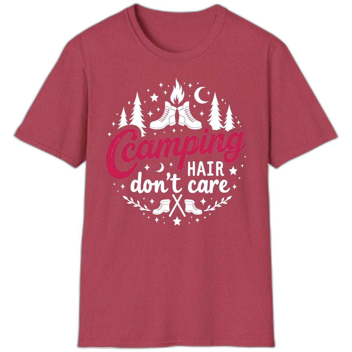 Camping Hair Don't Care T-Shirt in Heather Cardinal