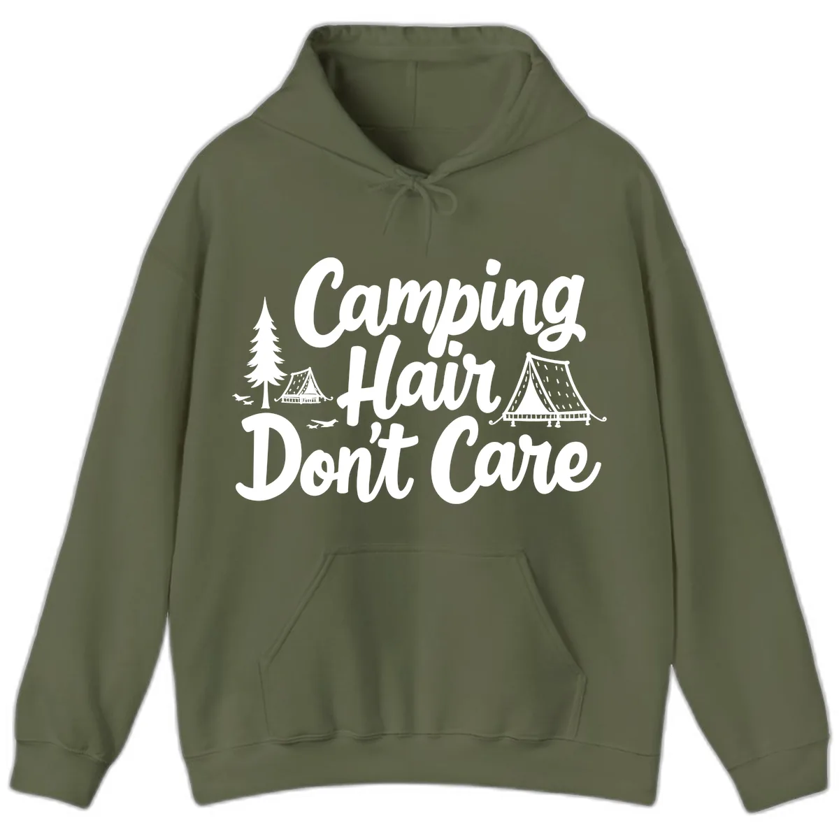 Camping Hair Don't Care Hoodie in Military Green