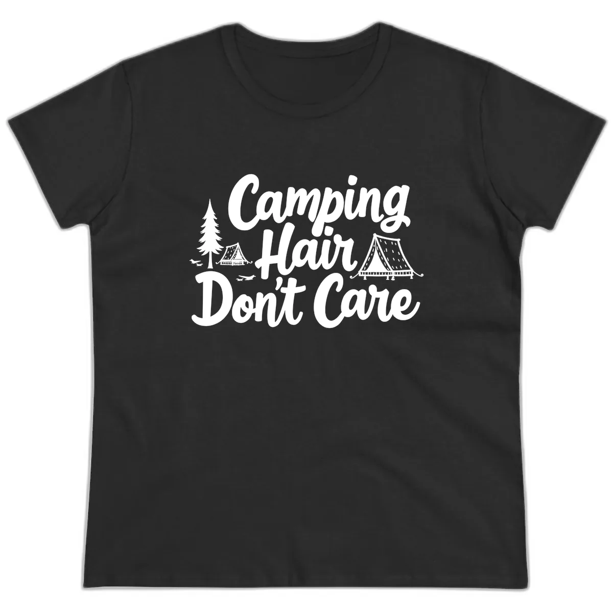 Camping Hair Don't Care Ladies Tee in Black