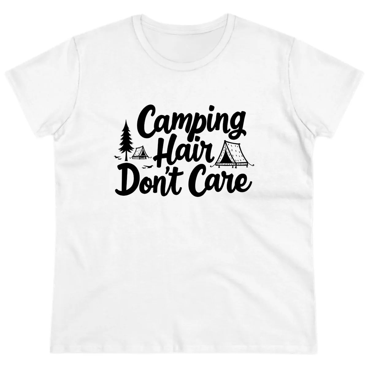 Camping Hair Don't Care Ladies Tee in White
