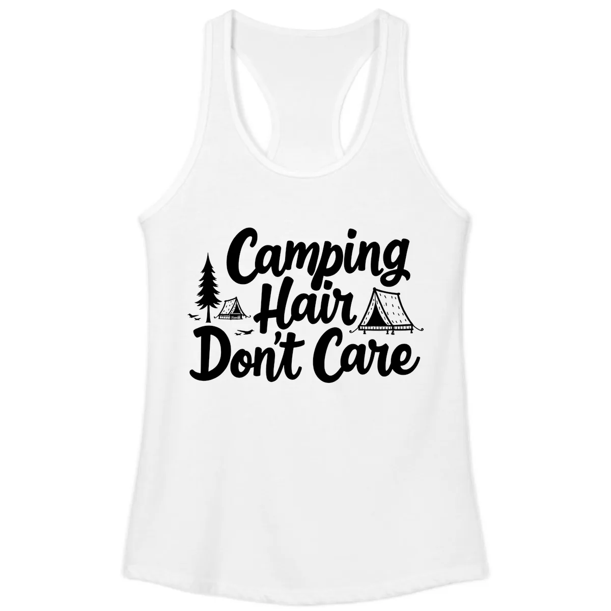 Camping Hair Don't Care Ladies Tank in White
