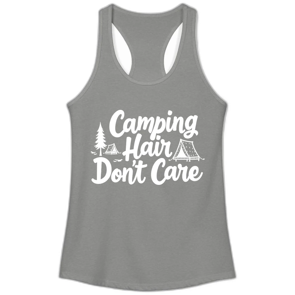 Camping Hair Don't Care Ladies Tank in Heather Grey