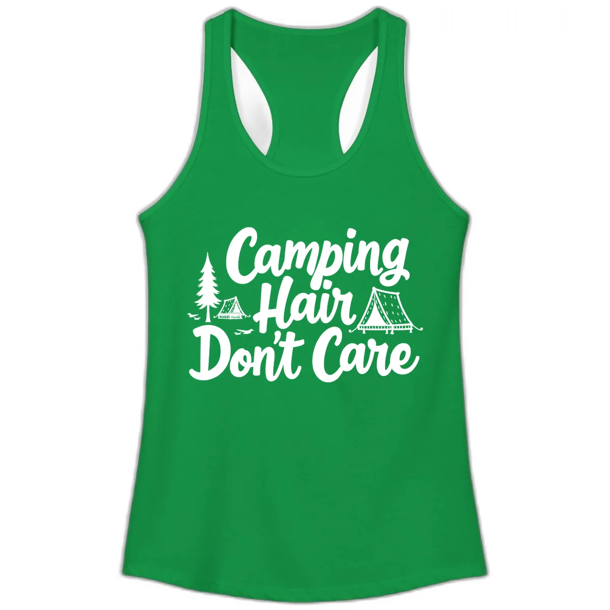 Camping Hair Don't Care Ladies Tank in Solid Kelly Green
