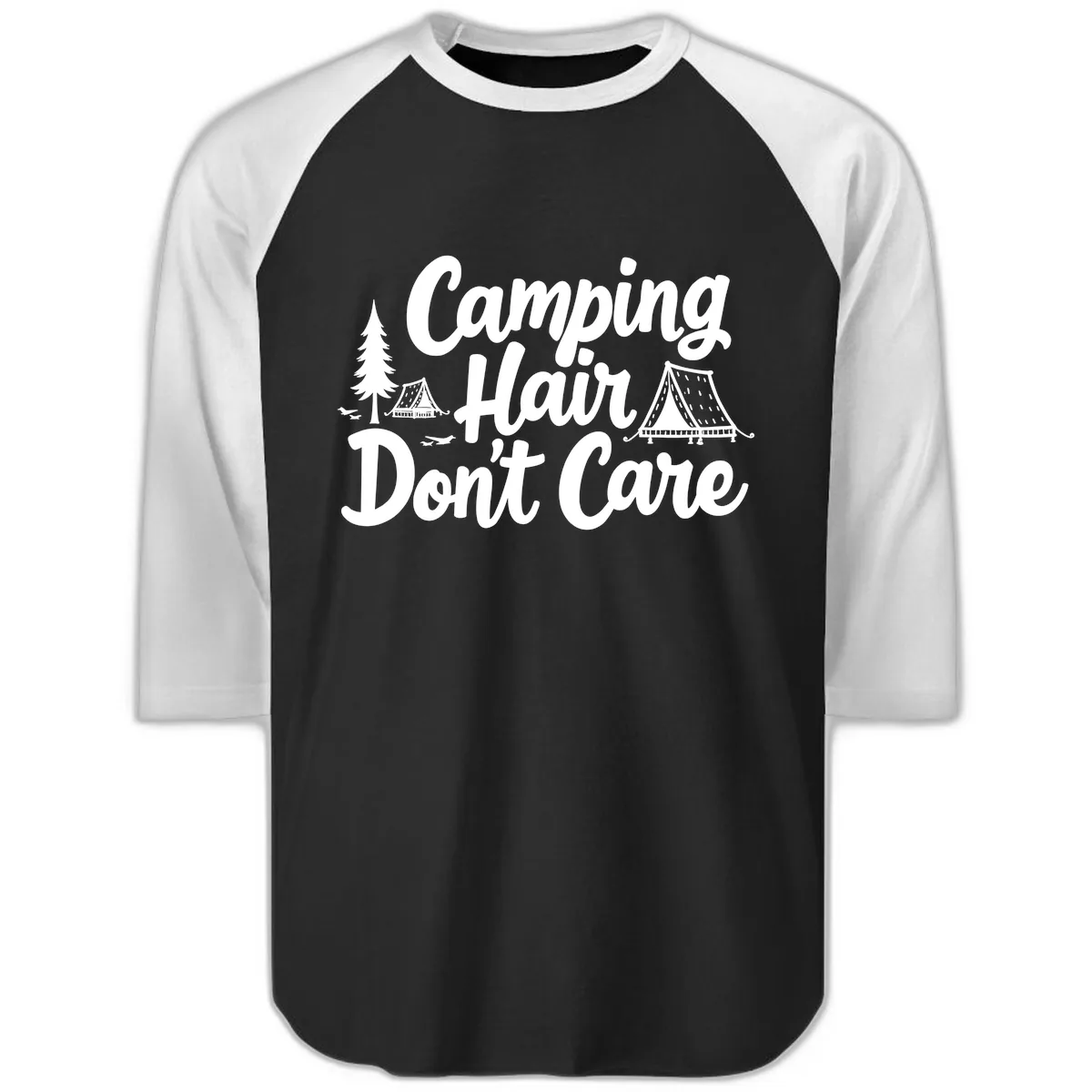 Camping Hair Don't Care Raglan 3/4 in Black White