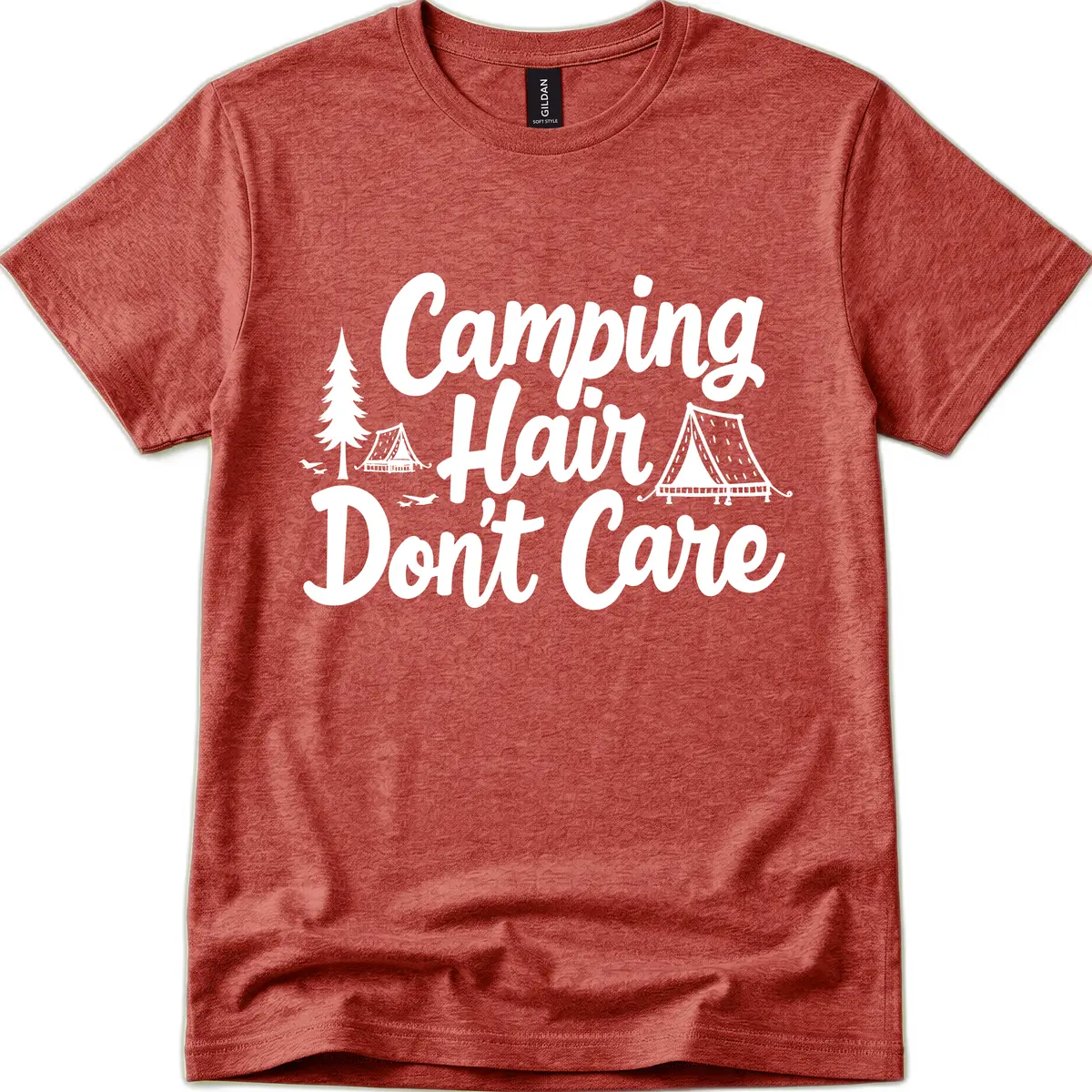 Camping Hair Don't Care T-Shirt in Heather Cardinal