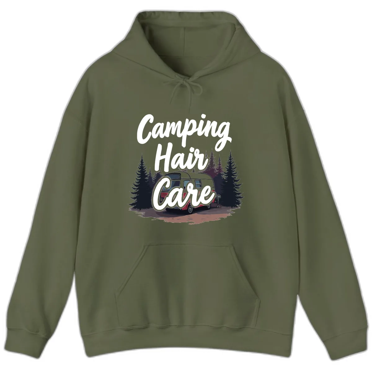 Camping Hair Care Retro Trailer Hoodie in Military Green