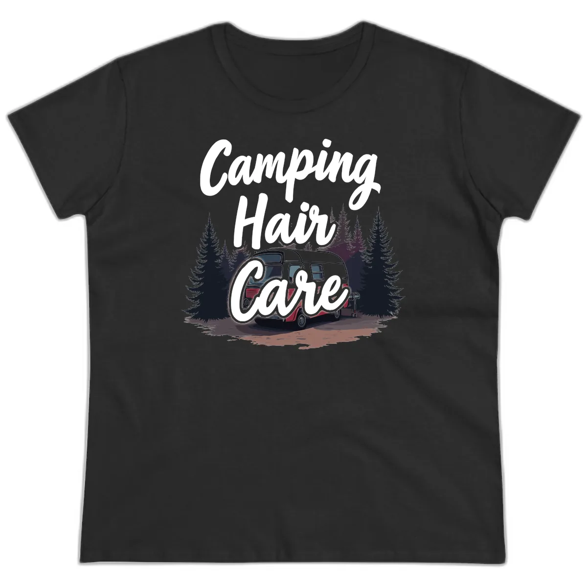 Camping Hair Care Retro Trailer Ladies Tee in Black