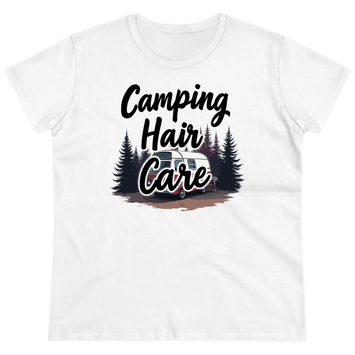 Camping Hair Care Retro Trailer Ladies Tee in White