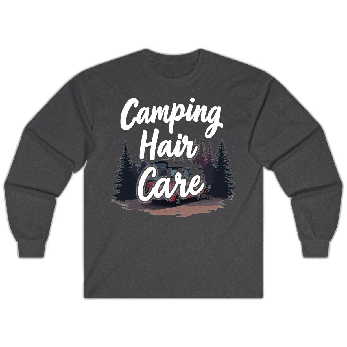 Camping Hair Care Retro Trailer Long Sleeve in Dark Heather