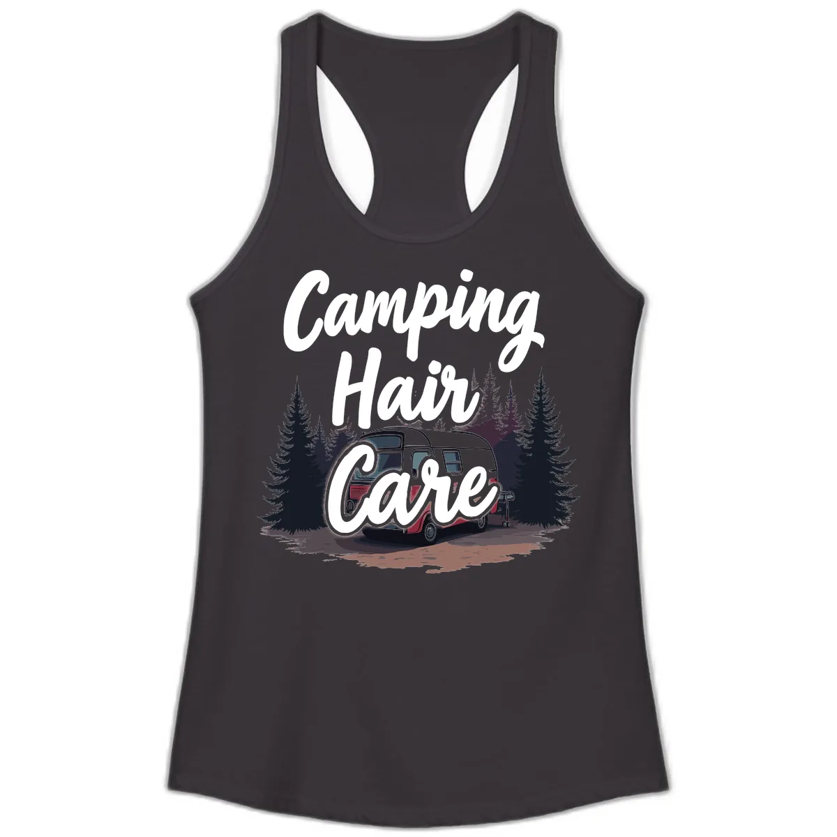 Camping Hair Care Retro Trailer Ladies Tank in Black
