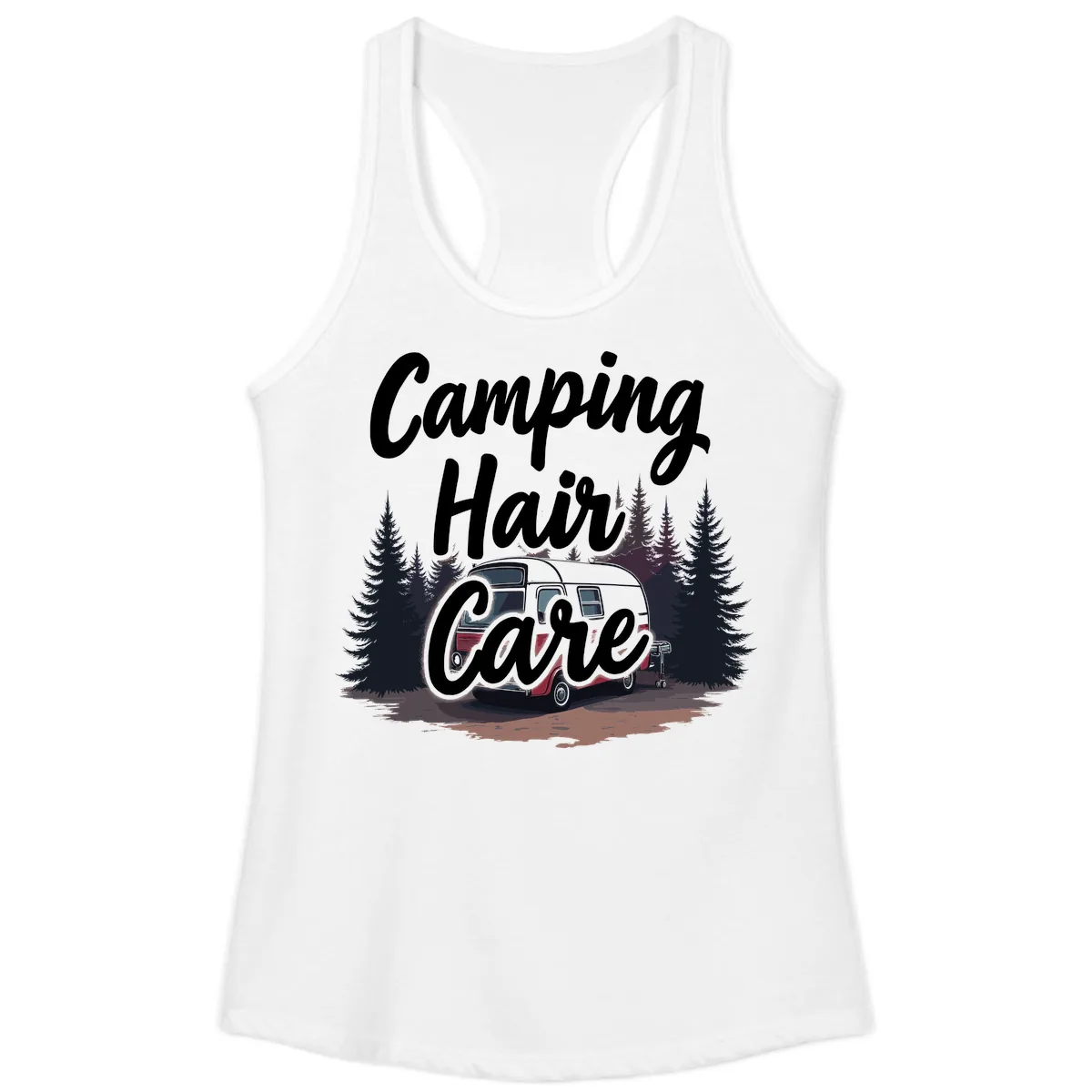Camping Hair Care Retro Trailer Ladies Tank in White