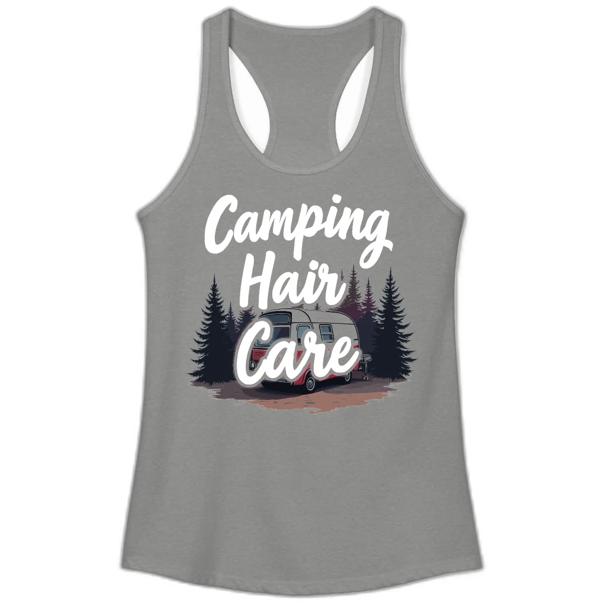 Camping Hair Care Retro Trailer Ladies Tank in Heather Grey