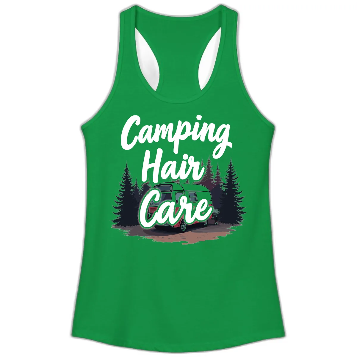 Camping Hair Care Retro Trailer Ladies Tank in Solid Kelly Green