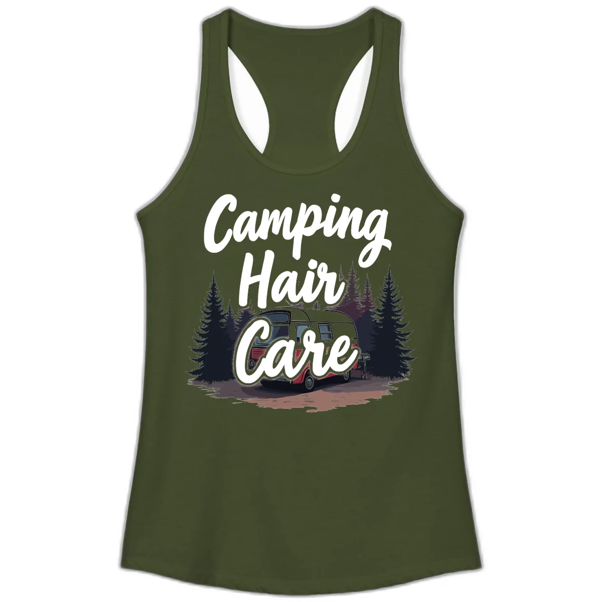 Camping Hair Care Retro Trailer Ladies Tank in Solid Military Green