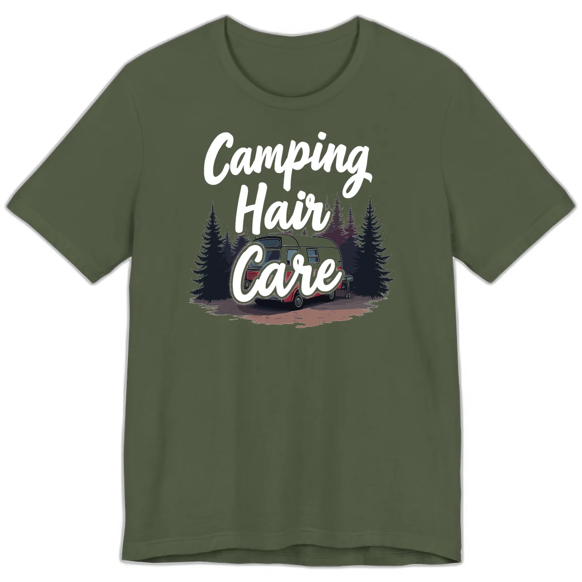Camping Hair Care Retro Trailer Premium T-Shirt in Military Green