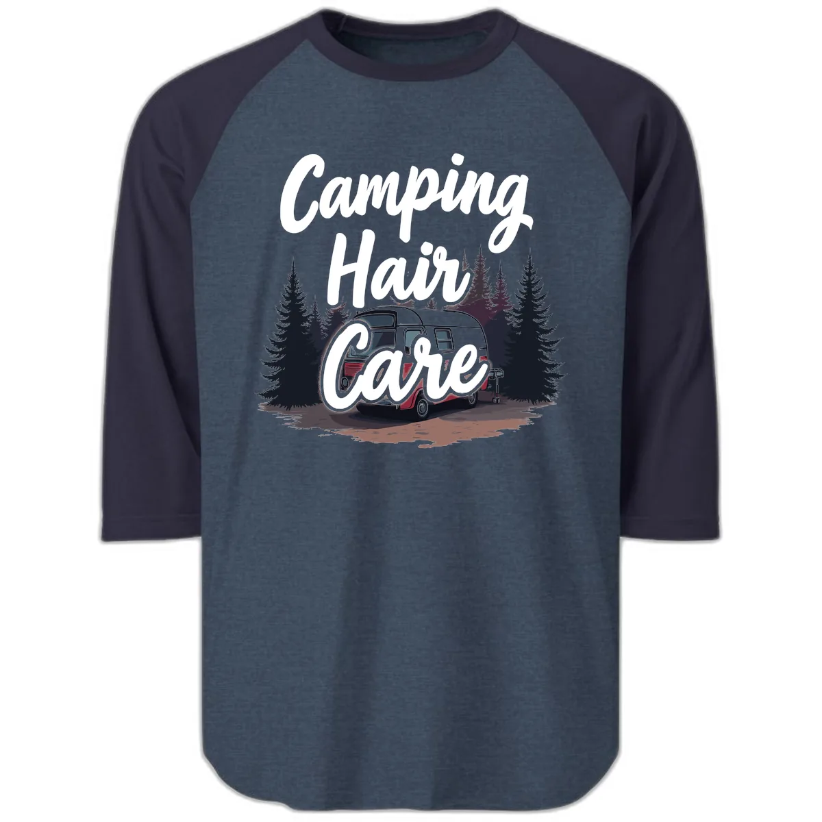 Camping Hair Care Retro Trailer Raglan 3/4 in Heather Denim Navy