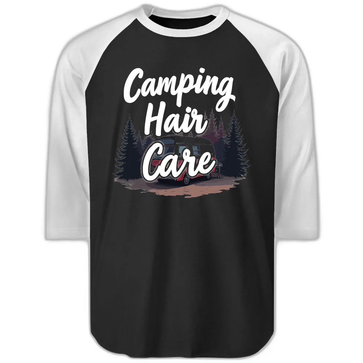 Camping Hair Care Retro Trailer Raglan 3/4 in Black White