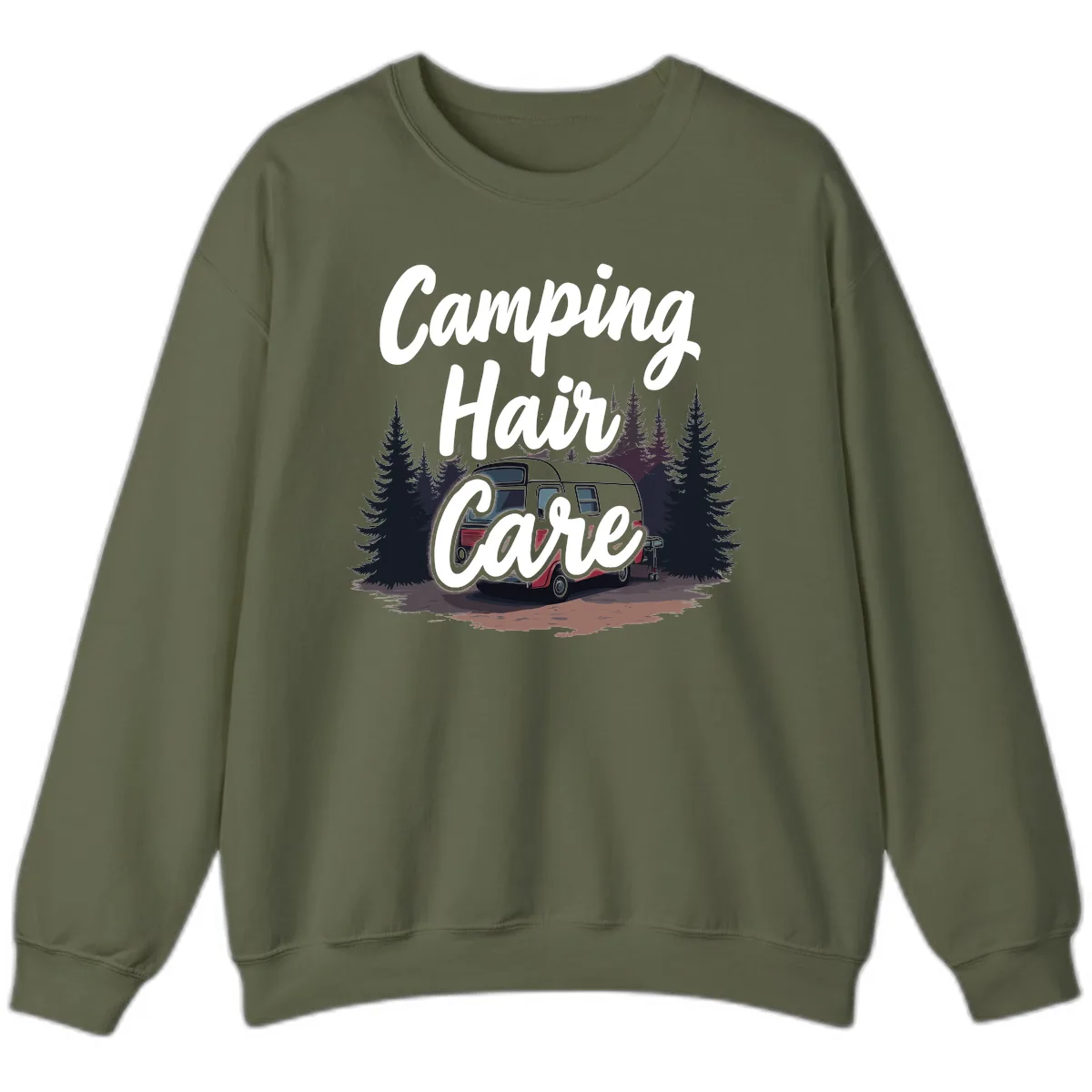 Camping Hair Care Retro Trailer Sweatshirt in Military Green