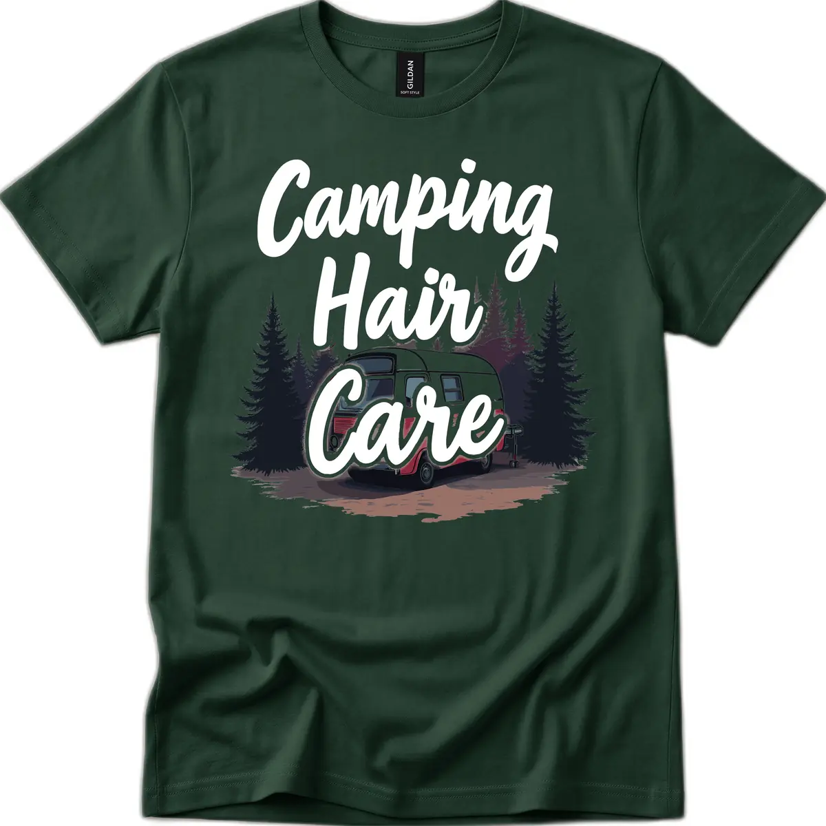 Camping Hair Care Retro Trailer T-Shirt in Forest Green