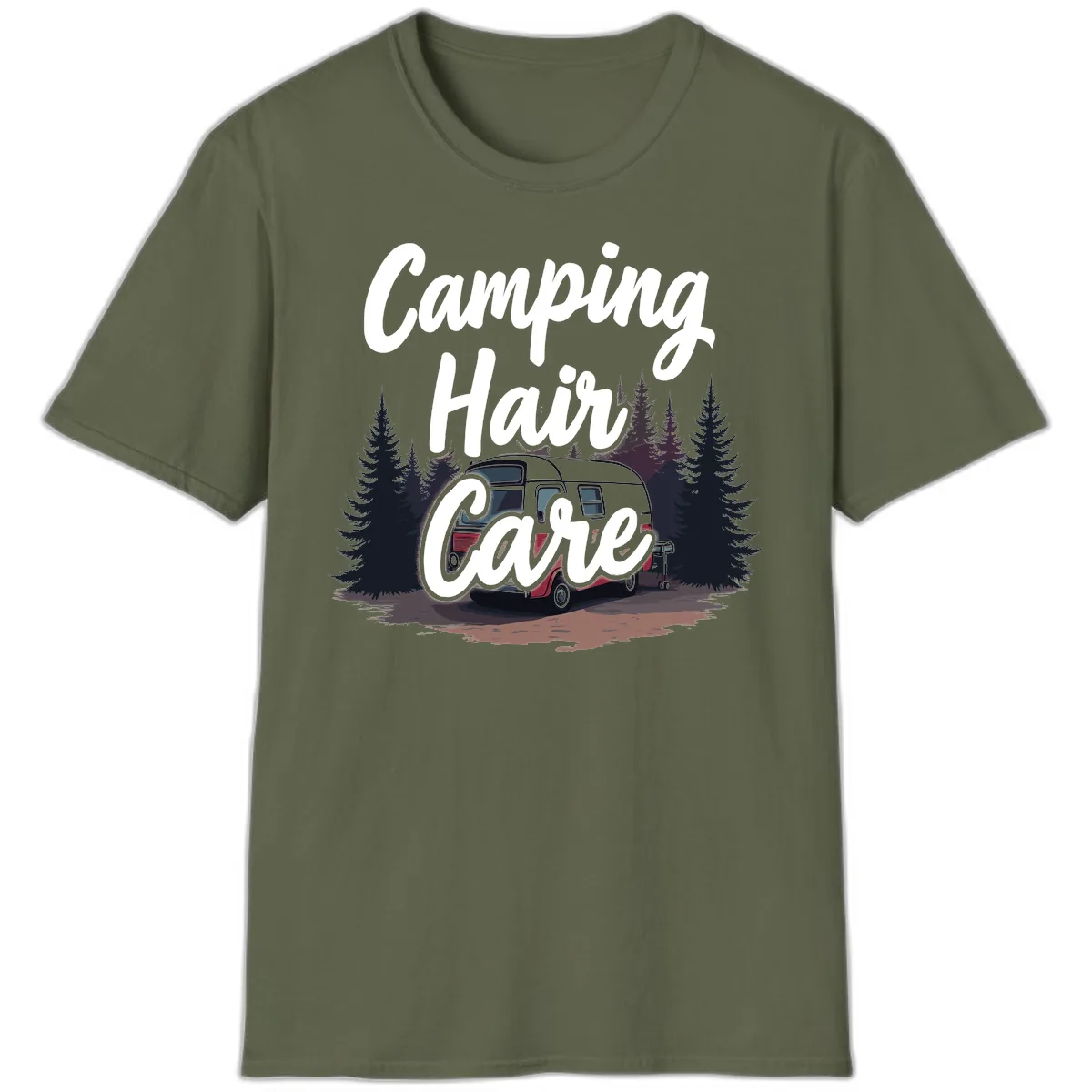 Camping Hair Care Retro Trailer T-Shirt in Military Green