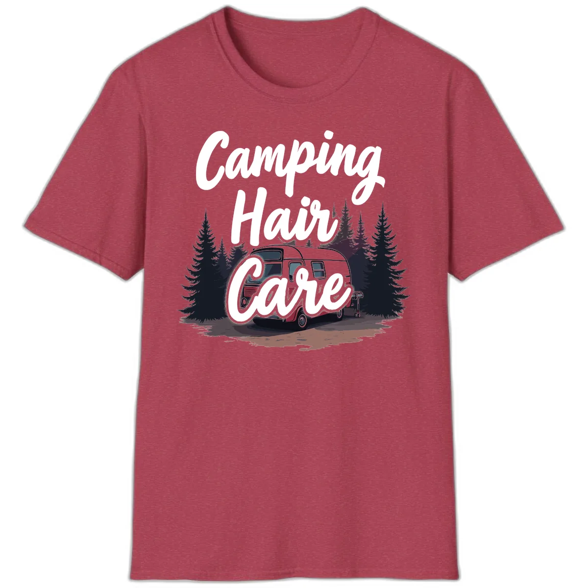 Camping Hair Care Retro Trailer T-Shirt in Heather Cardinal