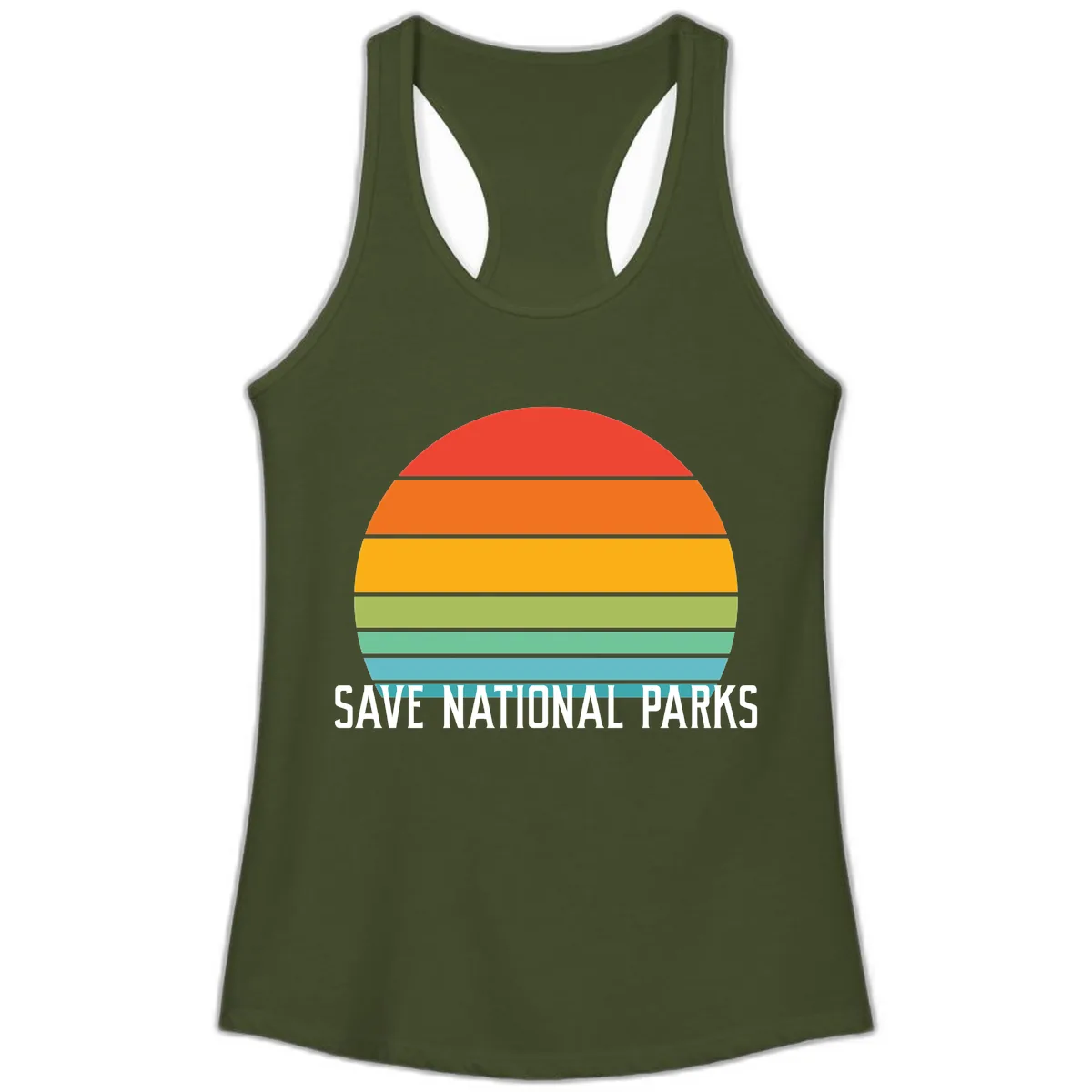 Save National Parks Sunset Layers Ladies Tank in Solid Military Green