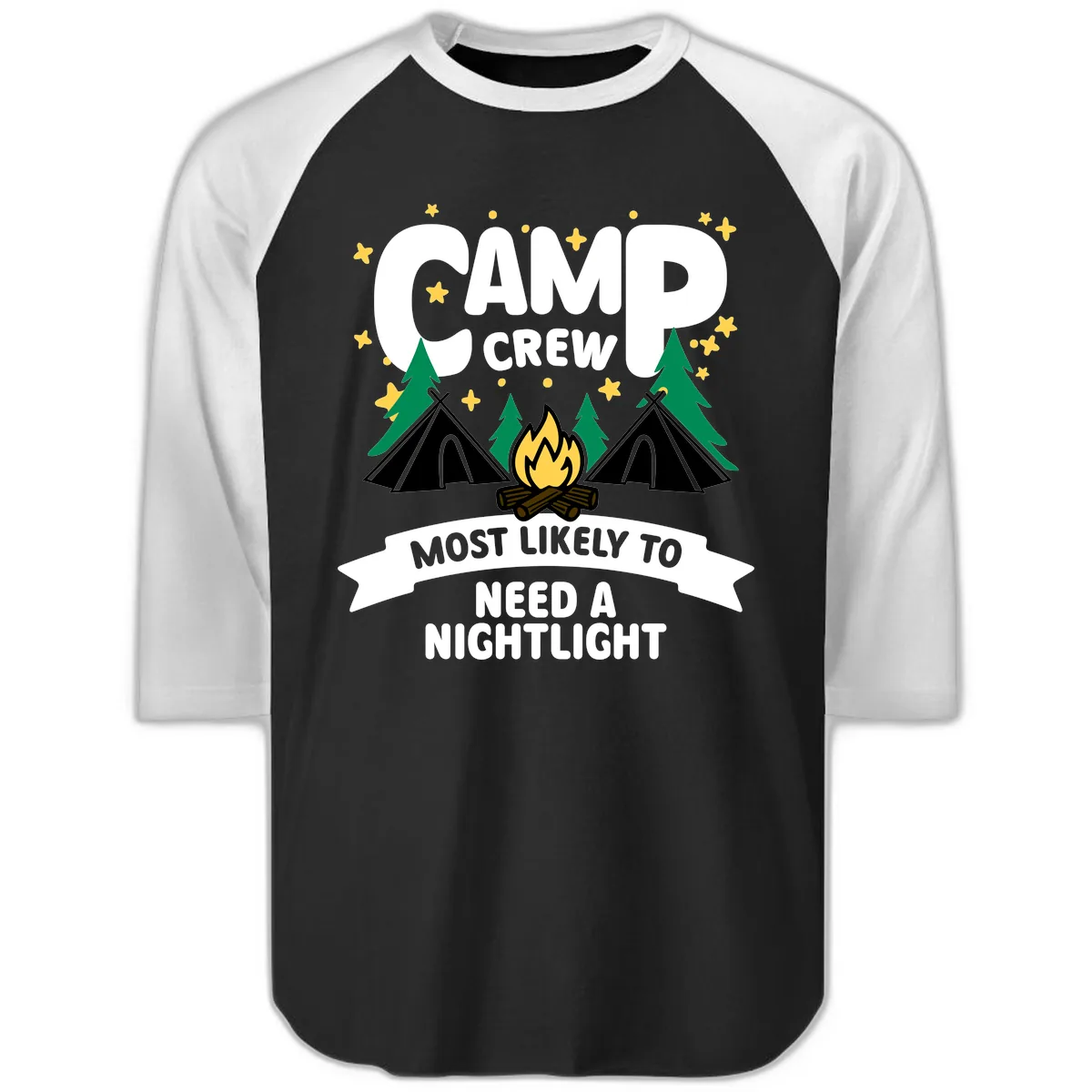 Camp Crew Most Likely To Need A Nightlight Raglan 3/4 in Black White