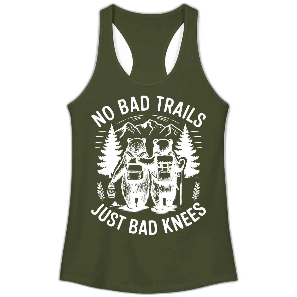 No Bad Trails Just Bad Knees Ladies Tank in Solid Military Green