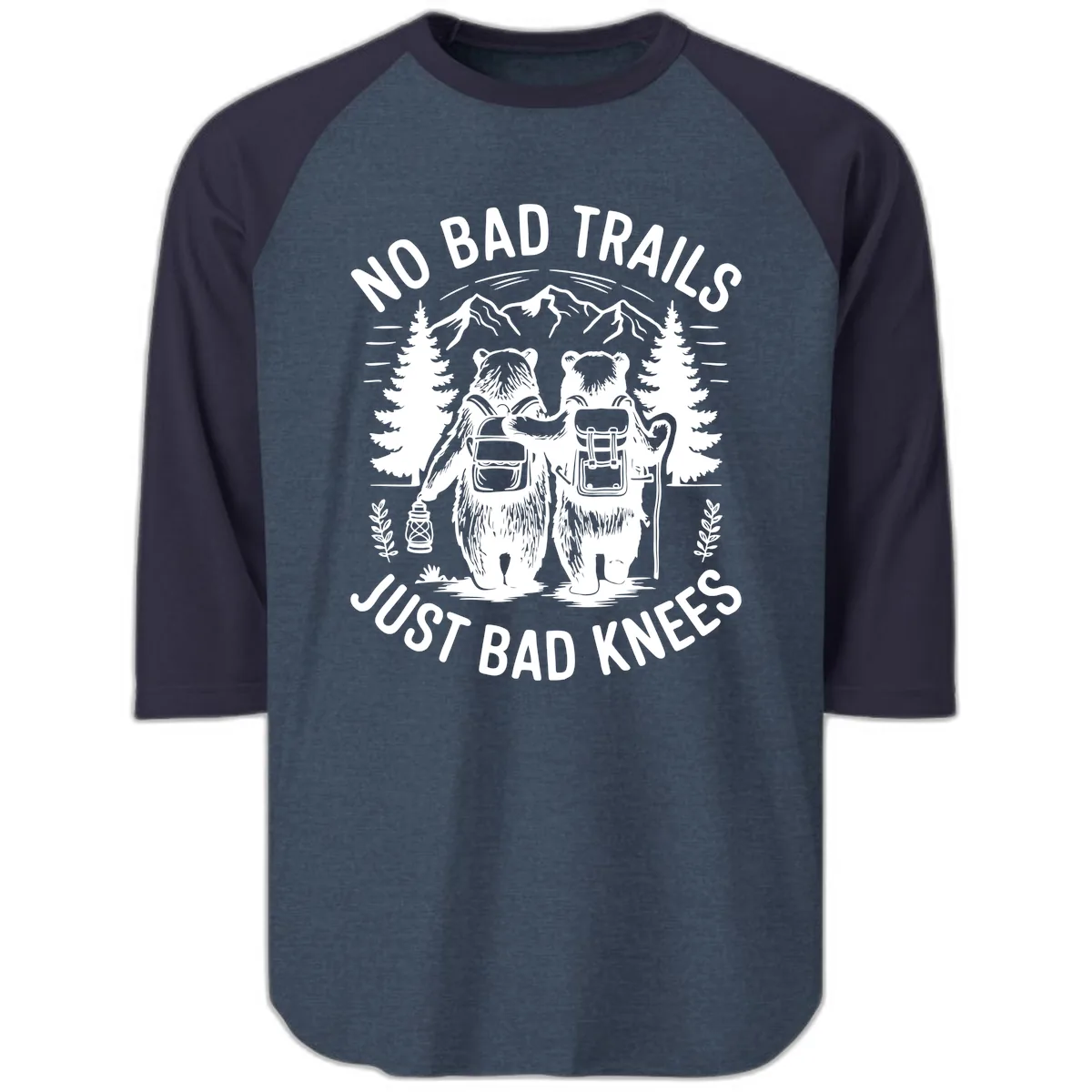 No Bad Trails Just Bad Knees Raglan 3/4 in Heather Denim Navy