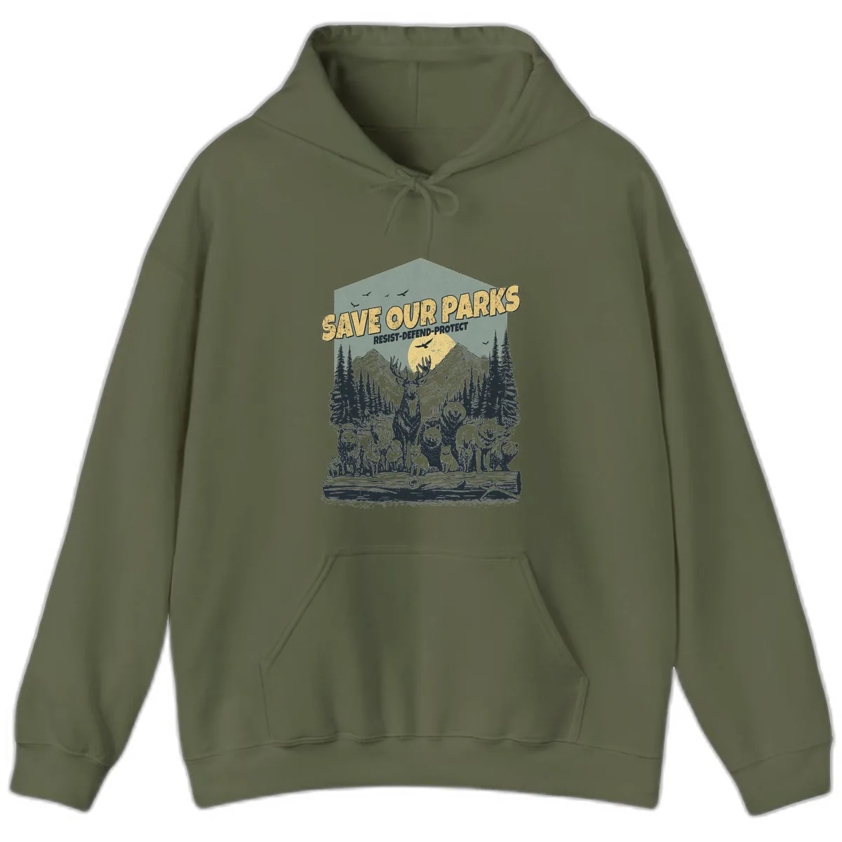 Save Our Parks Resist Defend Protect Hoodie in Military Green