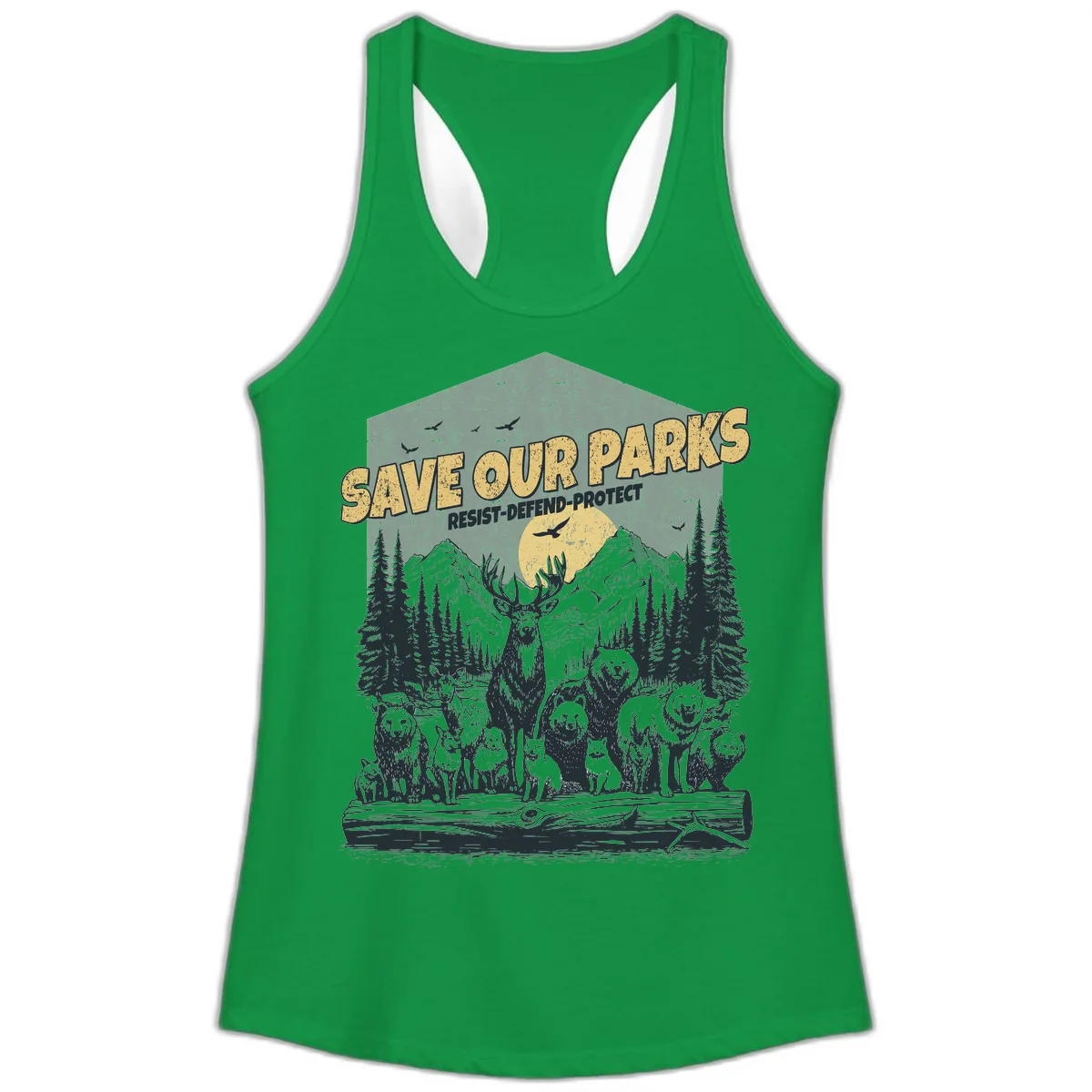 Save Our Parks Resist Defend Protect Ladies Tank in Solid Kelly Green