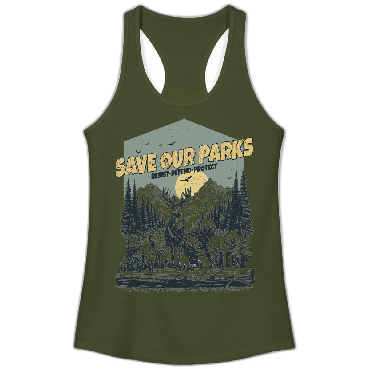 Save Our Parks Resist Defend Protect Ladies Tank in Solid Military Green