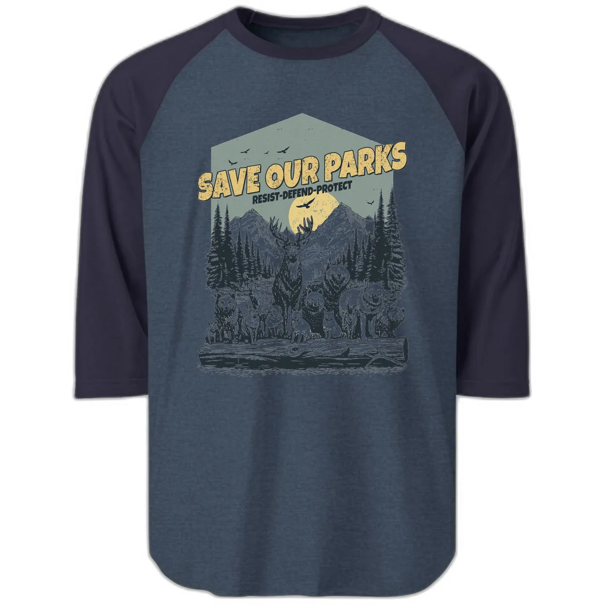 Save Our Parks Resist Defend Protect Raglan 3/4 in Heather Denim Navy