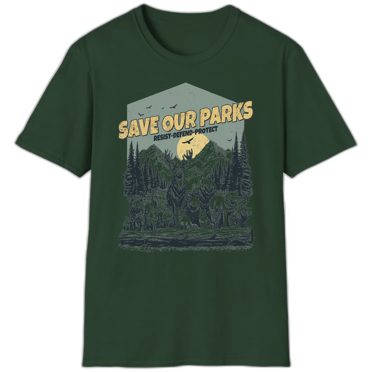 Save Our Parks Resist Defend Protect T-Shirt in Forest Green