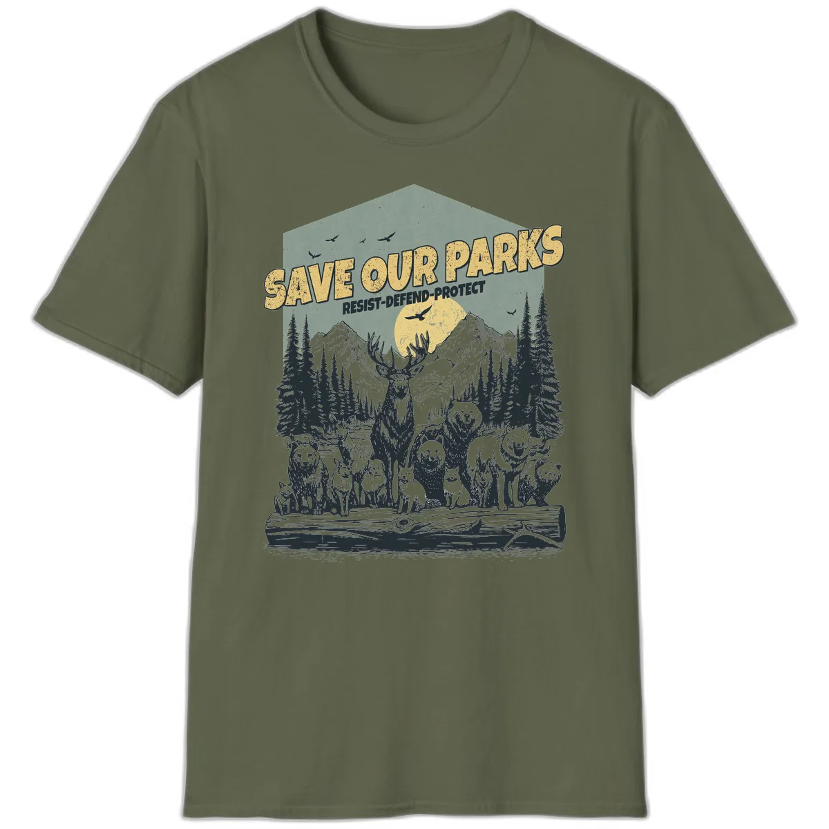 Save Our Parks Resist Defend Protect T-Shirt in Military Green