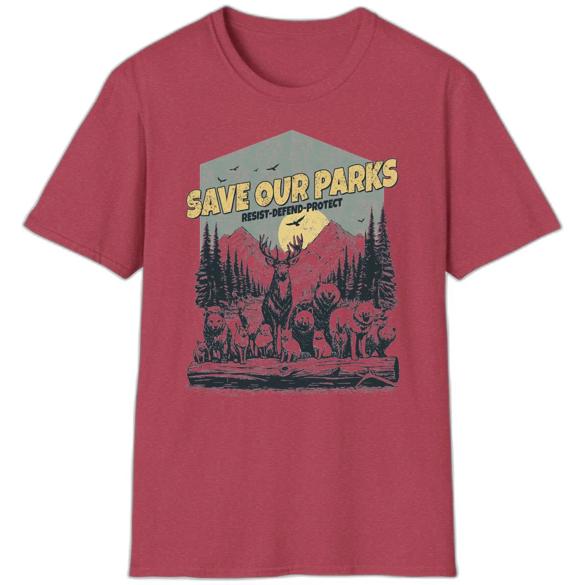 Save Our Parks Resist Defend Protect T-Shirt in Heather Cardinal