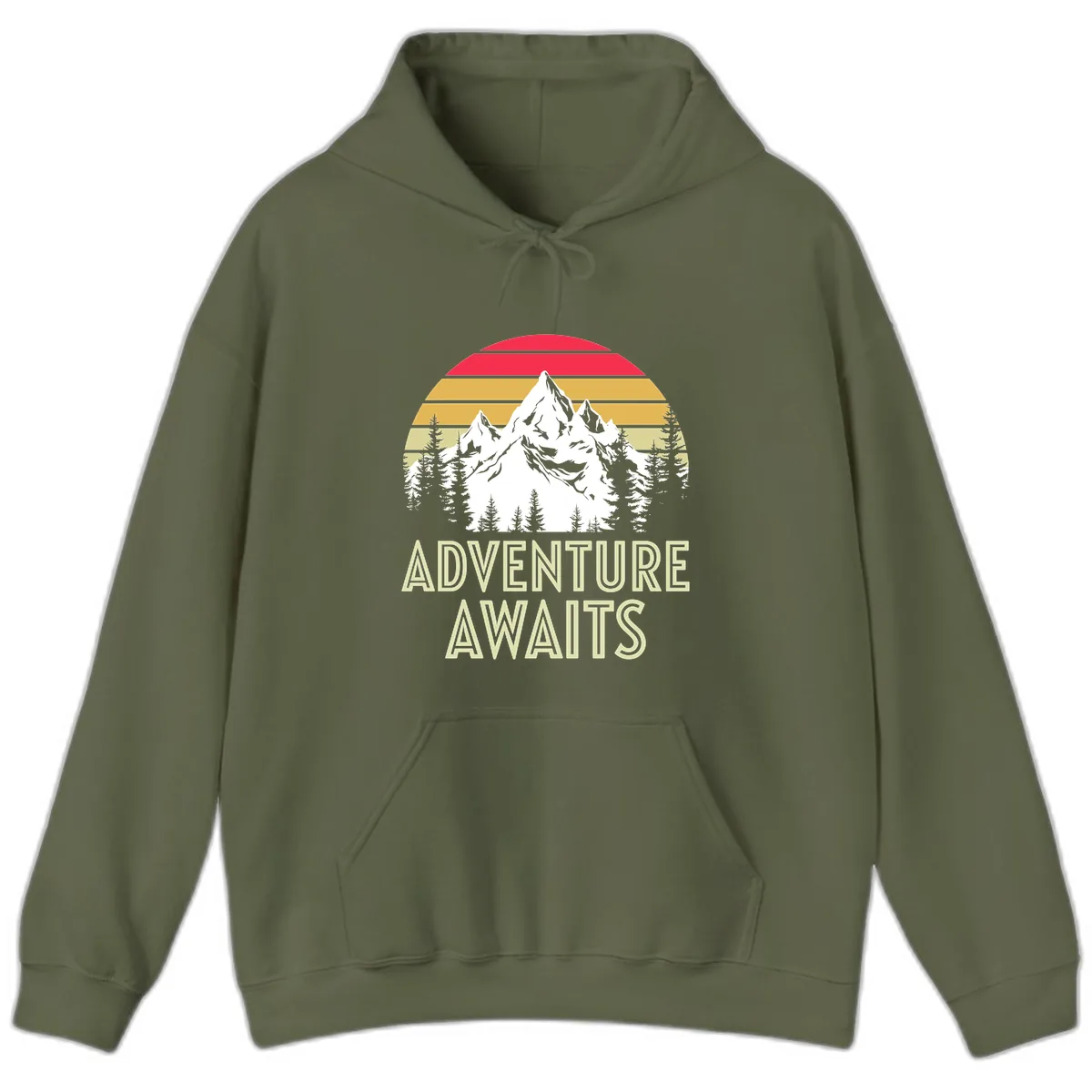 Adventure Awaits Mountain Sunset Hoodie in Military Green