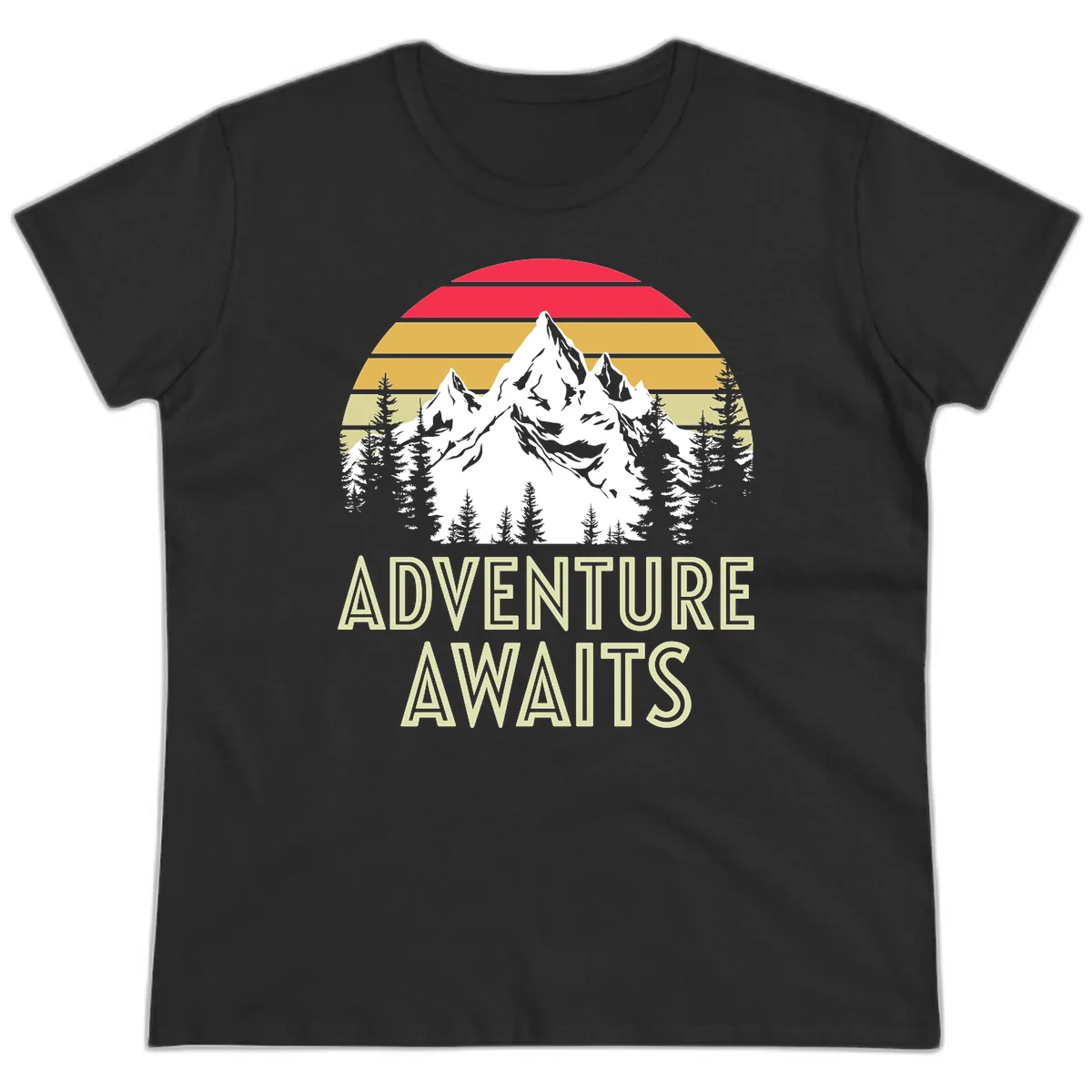 Adventure Awaits Mountain Sunset Ladies Tee in Black