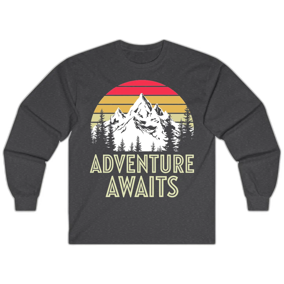 Adventure Awaits Mountain Sunset Long Sleeve in Dark Heather