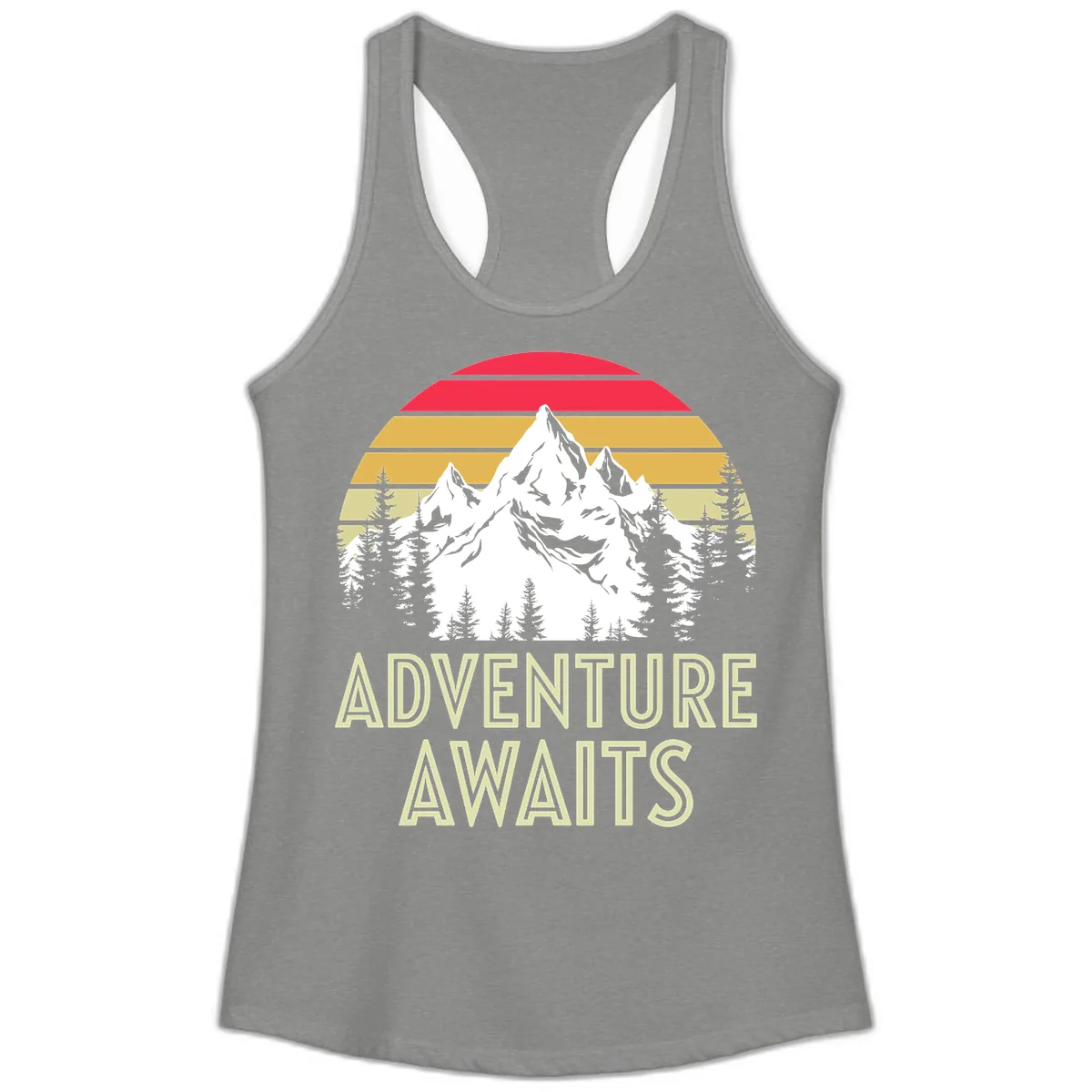 Adventure Awaits Mountain Sunset Ladies Tank in Heather Grey