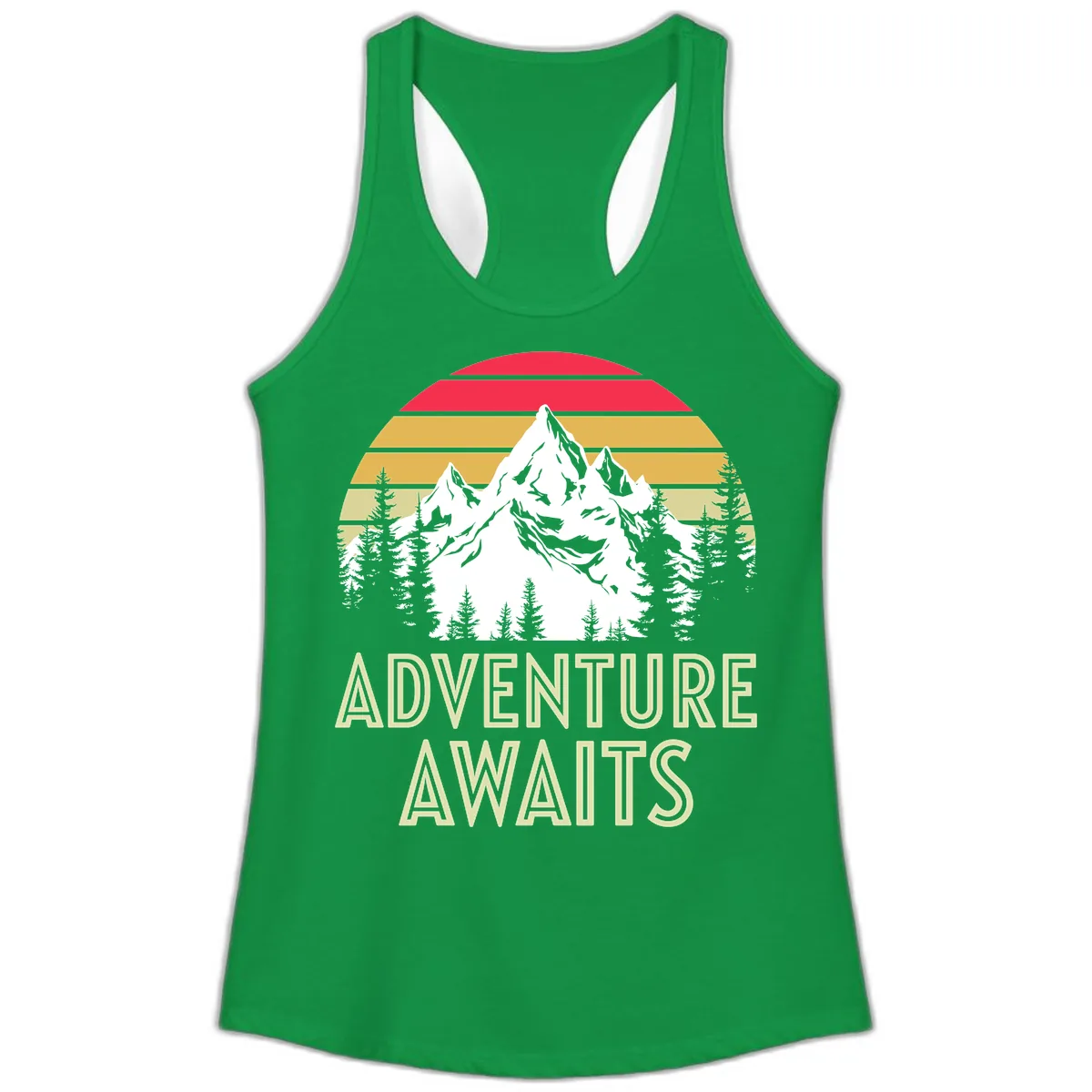 Adventure Awaits Mountain Sunset Ladies Tank in Solid Kelly Green