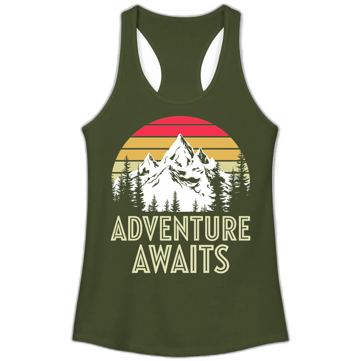 Adventure Awaits Mountain Sunset Ladies Tank in Solid Military Green